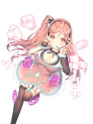 Rule 34 | 1girl, absurdres, aile (crossroads), binary, black ribbon, breasts, cleavage, clothing cutout, dress, earphones, garam (soccer spirits), heart, highres, hologram, looking at viewer, navel cutout, official art, pink eyes, pink hair, prism, resized, ribbon, soccer spirits, solo, straight-on, stream, striped ribbon, thighhighs, transparent background, upscaled, v, virtual youtuber