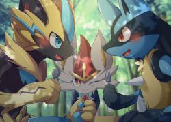 Rule 34 | :t, blurry, blurry background, blush, cinderace, commentary request, creatures (company), eye contact, fang, forest, fork, furry, game freak, gen 4 pokemon, gen 7 pokemon, gen 8 pokemon, highres, holding, holding fork, holding spoon, legendary pokemon, looking at another, lucario, mythical pokemon, nata de coco (pankptomato), nature, nintendo, one eye closed, open mouth, outdoors, pokemon, pokemon (creature), red eyes, smile, spikes, spoon, tongue, tree, yellow fur, zeraora