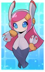 Rule 34 | 1girl, blue eyes, disembodied limb, gloves, hand on own hip, highres, kirby: planet robobot, kirby (series), long hair, nintendo, no pupils, pink hair, rayman limbs, ryuusui arumo, signature, skirt, solo, susie (kirby), yellow gloves