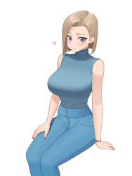 Rule 34 | absurdres, alternate costume, android 18, arm support, asymmetrical bangs, blonde hair, blue eyes, blue sweater, blush, bob cut, breasts, casual, closed mouth, denim, dragon ball, dragonball z, feet out of frame, forehead, hand on own thigh, heart, high-waist pants, highres, invisible chair, jeans, large breasts, looking at viewer, medium hair, monster l (hochihochiha), nail polish, narrow waist, pants, parted hair, red nails, simple background, sitting, sleeveless, sleeveless sweater, smile, sweater, sweater tucked in, tight clothes, turtleneck, turtleneck sweater, watch, white background