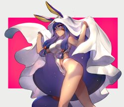 Rule 34 | 1girl, animal ears, bare legs, blunt bangs, breasts, competition swimsuit, dark-skinned female, dark skin, egyptian, facial mark, fate/grand order, fate (series), from side, hair between eyes, long hair, looking at viewer, looking to the side, medium breasts, nitocris (fate), nitocris (fate/grand order), nitocris (swimsuit assassin) (fate), nitocris (swimsuit assassin) (second ascension) (fate), one-piece swimsuit, oro (sumakaita), pink eyes, purple hair, smile, solo, swimsuit, thighs, very long hair