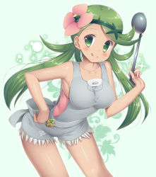 Rule 34 | 1girl, :q, aqua background, armpits, bad id, bad pixiv id, bare arms, bare shoulders, blush, breasts, closed mouth, collarbone, contrapposto, creatures (company), cutoffs, dark-skinned female, dark skin, flower, game freak, green eyes, green hair, hair flower, hair ornament, hand on own hip, holding, ladle, leaning forward, long hair, looking at viewer, low twintails, mallow (pokemon), medium breasts, murano, nintendo, overalls, pink flower, pokemon, pokemon sm, smile, solo, standing, swept bangs, tareme, tongue, tongue out, twintails