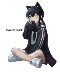 Rule 34 | 1girl, animal ears, black eyes, black hair, black jacket, black neckerchief, black sailor collar, black skirt, blouse, borrowed character, cat ears, commentary request, covered mouth, crossed legs, full body, highres, jacket, korean commentary, long sleeves, neckerchief, original, pleated skirt, sailor collar, school uniform, serafuku, shirt, shoes, short twintails, simple background, sitting, skirt, sleeves past fingers, sleeves past wrists, sneakers, solo, twintails, twitter username, white background, white footwear, white shirt, yoon cook