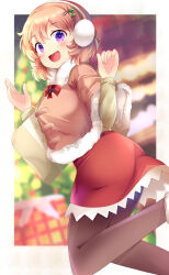 Rule 34 | 1girl, :d, absurdres, alternate costume, aru (arudes), blurry, blurry background, blush, border, bow, brown pantyhose, capelet, christmas, christmas tree, commentary request, feet out of frame, frilled skirt, frills, fur-trimmed capelet, fur trim, gochuumon wa usagi desu ka?, hair between eyes, hair ornament, hairclip, hands up, happy, headphones, high-waist skirt, highres, hoto cocoa, long sleeves, looking at viewer, medium hair, open mouth, orange hair, pantyhose, pink capelet, purple eyes, red bow, red skirt, skirt, smile, solo, tareme, white border