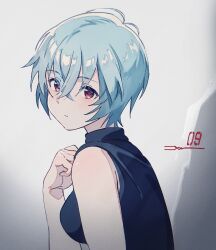 Rule 34 | 1girl, antenna hair, ayanami rei, bare arms, blue hair, blue shirt, breasts, commentary, expressionless, grey background, hair between eyes, hajikkoneko, hand on own chest, highres, looking at viewer, looking back, medium breasts, neon genesis evangelion, red eyes, shirt, short hair, sleeveless, sleeveless turtleneck, solo, symbol-only commentary, turtleneck, upper body
