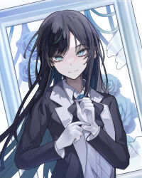 Rule 34 | 1girl, absurdres, ado (utaite), black bow, black bowtie, black coat, black hair, blue eyes, blue flower, blue rose, bow, bowtie, chando (ado), closed mouth, cloud nine inc, coat, collared shirt, commentary, dress shirt, flower, flower brooch, gloves, highres, long hair, long sleeves, looking at viewer, mole, mole under eye, open clothes, open coat, rose, shirt, sidelocks, solo, suis (suis022511), upper body, utaite, white gloves, white shirt