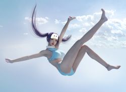Rule 34 | 1girl, 3d, anklet, armpits, arms up, bare legs, barefoot, bikini, blue eyes, cloud, day, feet, full body, highres, jewelry, leg up, legs, looking at viewer, muloli, multi-strapped bikini, outdoors, photorealistic, purple hair, realistic, short shorts, shorts, sky, solo, swimsuit, tank top, visor cap