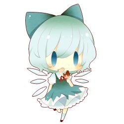 Rule 34 | 1girl, blue eyes, blue hair, bow, chibi, cirno, eating, food, food on face, hair bow, ice, ice wings, lowres, mike (mikeneko), open mouth, popsicle, short hair, touhou, wings