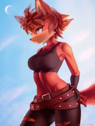 Rule 34 | 1girl, ancesra, animal ears, animal nose, artist name, bare shoulders, belt, black gloves, black pants, black shirt, blue background, blue eyes, blue sky, body fur, breasts, collarbone, commission, cowboy shot, crop top, day, female focus, fingerless gloves, fiona fox, fox ears, fox girl, fox tail, furry, furry female, gloves, hand on own hip, happy, highres, large breasts, midriff, moon, multiple belts, navel, outdoors, pants, parted lips, patreon username, red fur, red hair, shirt, short hair, sidelocks, sky, sleeveless, sleeveless shirt, smile, snout, solo, sonic (series), sonic the hedgehog (archie comics), standing, stomach, tail, teeth, torn clothes, torn pants, two-tone fur, v-shaped eyebrows, watermark, web address
