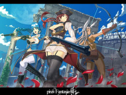 Rule 34 | 3girls, animal ears, arrow (projectile), blue hair, boots, bow, bow (weapon), braid, gun, hat, knife (artist), letterboxed, long hair, multiple girls, pirate hat, pixiv fantasia, pixiv fantasia 3, red eyes, red hair, rifle, ruins, silver hair, thighhighs, twin braids, weapon