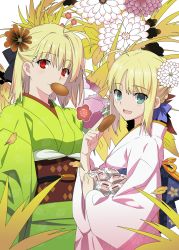 Rule 34 | 00s, 2girls, absurdres, ahoge, alternate costume, antenna hair, arcueid brunestud, artoria pendragon (all), artoria pendragon (fate), blonde hair, company connection, fate/stay night, fate (series), flower, food, green eyes, hair flower, hair ornament, highres, japanese clothes, kimono, mouth hold, multiple girls, obi, red eyes, saber (fate), sash, short hair, straywolf, transparent background, tsukihime, type-moon, vector trace