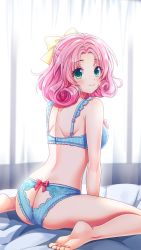 Rule 34 | 1girl, ass, ass cutout, backlighting, barefoot, between legs, blue bra, blue panties, blush, bow, bra, butt crack, closed mouth, clothing cutout, curly hair, dimples of venus, doukyuusei another world, game cg, green eyes, hair bow, hair intakes, hand between legs, indoors, kakyuusei, long hair, looking at viewer, looking back, minagawa nana, official art, panties, pink hair, print bra, print panties, shoulder blades, sitting, smile, soles, solo, underwear, underwear only, wariza, yellow bow