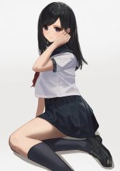 Rule 34 | 1girl, absurdres, black footwear, black hair, black socks, black skirt, blush, closed mouth, commentary request, from side, hand in own hair, hand up, hara kenshi, highres, ichigo 100 percent, kneehighs, loafers, long hair, looking at viewer, looking to the side, neckerchief, pleated skirt, purple eyes, red neckerchief, school uniform, serafuku, shirt, shoes, short sleeves, simple background, sitting, skirt, socks, solo, toujou aya, white background, white shirt, yokozuwari