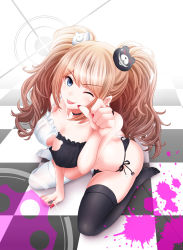 Rule 34 | 10s, 1girl, ass, blood, blue eyes, breasts, butt crack, cat cutout, cat ear panties, cat lingerie, choker, cleavage, cleavage cutout, clothing cutout, danganronpa: trigger happy havoc, danganronpa (series), enoshima junko, highres, large breasts, long hair, looking at viewer, meme attire, monokuma, one eye closed, panties, pink blood, pink hair, side-tie panties, solo, spoilers, suwakichi, thighhighs, twintails, underwear, underwear only