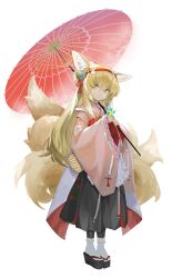 Rule 34 | 1girl, absurdres, animal ear fluff, animal ears, arknights, black footwear, black skirt, blonde hair, closed mouth, commentary request, fox ears, fox girl, fox tail, full body, hair between eyes, hair ornament, hands up, highres, holding, holding umbrella, japanese clothes, kimono, long hair, long skirt, looking at viewer, obi, oil-paper umbrella, pink kimono, sash, simple background, skirt, sleeves past wrists, smile, socks, solo, splitting0, standing, suzuran (arknights), tail, tassel, umbrella, white background, white socks, wide sleeves, yellow eyes