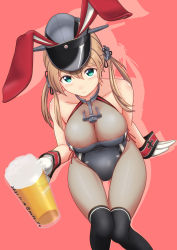 Rule 34 | anchor earrings, anchor necklace, animal ears, bare shoulders, beer mug, blonde hair, blue eyes, breasts, cleavage, cup, dated, earrings, fake animal ears, gloves, grey hat, hair between eyes, hat, holding, jewelry, kantai collection, large breasts, leotard, light blush, long hair, looking at viewer, military hat, moke ro, mug, necklace, playboy bunny, prinz eugen (kancolle), rabbit ears, red background, smile, solo, thighhighs, twintails, twitter username, white gloves, wrist cuffs