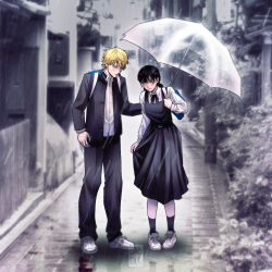 1boy 1girl backpack bag black_dress black_eyes black_hair black_jacket black_pants blonde_hair chainsaw_man denji_(chainsaw_man) dress fourth_east_high_school_uniform gabdlc gakuran highres holding holding_umbrella jacket low_twintails mitaka_asa outdoors pants pinafore_dress rain school_uniform sleeveless sleeveless_dress twintails umbrella wet