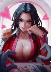 Rule 34 | 1girl, absurdres, arm rest, bet, black hair, boa hancock, breasts, cape, cleavage, closed mouth, collarbone, dress, earrings, elbow rest, forehead, hand on own cheek, hand on own face, hand up, head rest, head tilt, heart, highres, jewelry, large breasts, lips, long hair, long sleeves, looking at viewer, one piece, petrification, plunging neckline, pov, pov hands, smile, snake earrings, solo, stone, table