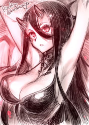 Rule 34 | 10s, 1girl, abyssal ship, armpits, arms up, battleship princess, black hair, breasts, dress, female focus, gradient background, hiyohiyo, horns, kantai collection, large breasts, long hair, open mouth, pale skin, red eyes, sketch, skin-covered horns, solo, very long hair
