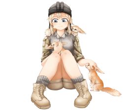 Rule 34 | 1girl, animal, animal on lap, animal on shoulder, artist request, blonde hair, blue eyes, boots, camouflage, collar, combat boots, desert camouflage, fennec fox, full body, hat, headpat, helmet, highres, knees together feet apart, night-vision device, on lap, operator-chan, short hair with long locks, short shorts, shorts, sitting, smile, transparent background