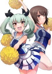 Rule 34 | anchovy (girls und panzer), armpits, blush, breasts, brown eyes, brown hair, buchikaki, cheerleader, closed mouth, drill hair, girls und panzer, green hair, hair ribbon, highres, large breasts, looking at viewer, miniskirt, nishizumi maho, open mouth, pom pom (cheerleading), ribbon, short hair, simple background, skirt, smile, twin drills, twintails, white background, yellow eyes