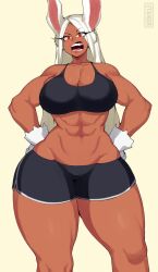 Rule 34 | 1girl, abs, absurdres, artist name, bare shoulders, boku no hero academia, breasts, cleavage, collarbone, dark-skinned female, dark skin, dolphin shorts, gloves, hands on own hips, highres, large breasts, long hair, looking at viewer, mirko, muscular, muscular female, navel, open mouth, rabbit ears, rabbit girl, red eyes, short shorts, shorts, sports bra, stomach, taiger, thick thighs, thighs, white gloves, white hair, wide hips