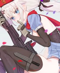 Rule 34 | 1girl, 9a-91, 9a-91 (girls&#039; frontline), assault rifle, bad id, bad twitter id, beijuu, beret, black thighhighs, blue eyes, breasts, bright pupils, brown gloves, commentary request, corset, dagger, finger to mouth, from side, girls&#039; frontline, gloves, gun, hair ornament, hair ribbon, hat, highres, knife, long hair, low ponytail, medium breasts, panties, petals, ribbon, rifle, scarf, see-through, side-tie panties, sideboob, sidelocks, simple background, solo, string panties, thighhighs, underbust, underwear, weapon, white hair