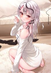 Rule 34 | 1girl, bare shoulders, barefoot, bed, black hair, blush, bottomless, braid, breasts, cleavage, closed mouth, commentary request, ear piercing, from behind, grey hair, hair ornament, hairclip, highres, hololive, large breasts, long hair, long sleeves, looking at viewer, messy hair, multicolored hair, null maru, off shoulder, piercing, pout, red eyes, red nails, sakamata chloe, seiza, shirt, sitting, sleeves past wrists, solo, streaked hair, sweatdrop, toes, virtual youtuber, white shirt, x hair ornament