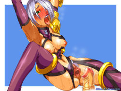 Rule 34 | 00s, 1girl, 2003, aozoraichi, arms up, blush, bodysuit, breasts, censored, female pubic hair, green eyes, hair over eyes, hair over one eye, inverted nipples, isabella valentine, large breasts, mosaic censoring, navel, nipples, penis, pubic hair, pussy, revealing clothes, short hair, solo, soul calibur, soulcalibur, soulcalibur ii, spread legs, spread pussy, steam, sweat, thighhighs, tongue, wallpaper, white hair