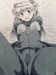 Rule 34 | 1girl, absurdres, arm support, ass, ass focus, bodysuit, breasts, cameltoe, cleft of venus, cowboy shot, eywy4324, hair between eyes, highres, long hair, looking at viewer, looking back, lying, monochrome, neon genesis evangelion, photo (medium), plugsuit, simple background, skin tight, small breasts, smile, solo, souryuu asuka langley, spread legs, thighs, traditional media, two side up, very long hair, view between legs