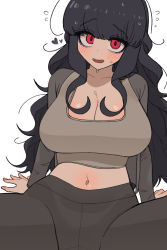 Rule 34 | 1girl, arm support, black hair, blush, breasts, cleavage, collarbone, heart, highres, large breasts, long hair, long sleeves, nakta, navel, original, red eyes, simple background, solo, white background