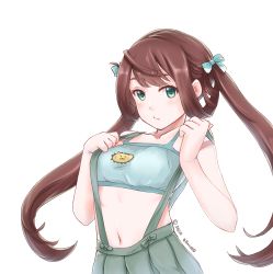 Rule 34 | 10s, 1girl, :t, animal print, aqua eyes, artist name, asagumo (kancolle), bad id, bad pixiv id, bare shoulders, bear print, blue bra, blue eyes, bra, breasts, brown hair, clenched hands, closed mouth, collarbone, disco brando, green eyes, hair between eyes, hair ribbon, highres, kantai collection, long hair, looking at viewer, navel, no shirt, open mouth, pleated skirt, pout, print bra, ribbon, simple background, skirt, small breasts, solo, suspender skirt, suspenders, suspenders pull, twintails, underwear, upper body, white background