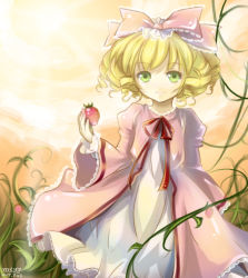 Rule 34 | 00s, 1girl, 2009, blonde hair, bow, dated, dress, food, fruit, green eyes, hinaichigo, holding, holding food, holding fruit, mtyy, name connection, object namesake, pink bow, rozen maiden, strawberry