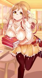 Rule 34 | 10s, 1girl, black pantyhose, blush, book, book stack, breast rest, breasts, brown eyes, brown hair, brown skirt, closed mouth, english text, glasses, highres, holding, holding book, impossible clothes, indoors, jewelry, charm (object), kunikida hanamaru, kurosawa ruby, kuzu kow, large breasts, leaning forward, leg up, long hair, love live!, love live! school idol festival, love live! sunshine!!, necklace, pantyhose, plant, potted plant, ribbed sweater, rimless eyewear, shiny clothes, skirt, smile, solo, standing, standing on one leg, sweater, thigh gap, tsushima yoshiko, underwear, waving, window