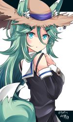 Rule 34 | 1girl, animal ears, blue eyes, commentary request, detached sleeves, ears through headwear, flying sweatdrops, fox ears, fox tail, green hair, hair between eyes, hair ornament, hairclip, hat, hebitsukai-san, highres, kantai collection, kemonomimi mode, long hair, looking at viewer, parted lips, school uniform, serafuku, solo, straw hat, tail, tail wagging, yamakaze (kancolle)