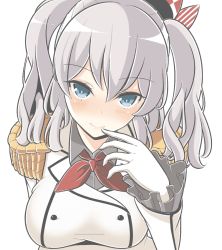 Rule 34 | 10s, 1girl, bad id, bad nicoseiga id, beret, blue eyes, blush, breast rest, breasts, buttons, commentary request, epaulettes, finger to mouth, frilled sleeves, frills, gloves, hat, jacket, kantai collection, kashima (kancolle), kerchief, large breasts, long hair, looking at viewer, masupa kiriu, military, military uniform, sidelocks, silver hair, simple background, smile, solo, tsurime, twintails, uniform, upper body, wavy hair, white background, white gloves