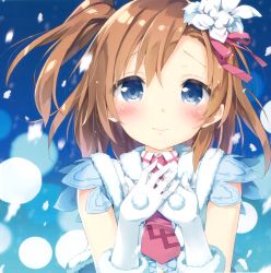 Rule 34 | 1girl, blue background, blue eyes, blush, brown hair, closed mouth, collared shirt, flower, fur trim, gloves, hair flower, hair ornament, hair ribbon, highres, kani biimu, kosaka honoka, lips, looking at viewer, love live!, love live! school idol festival, love live! school idol project, necktie, one side up, own hands together, pink lips, pink necktie, pink ribbon, ribbon, shirt, short hair, smile, solo, upper body, white gloves, wing collar