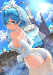 Rule 34 | 1girl, ass, blue eyes, blue hair, blue sky, breasts, bridal veil, closed mouth, cloud, commentary request, competition swimsuit, covered erect nipples, cowboy shot, cumulonimbus cloud, elbow gloves, garter-velvet, garter belt, garter straps, glint, gloves, hair ornament, hair over one eye, hair ribbon, highres, jewelry, large breasts, looking at viewer, maid headdress, medium breasts, necklace, one-piece swimsuit, outdoors, own hands together, pink ribbon, re:zero kara hajimeru isekai seikatsu, rem (re:zero), ribbon, short hair, sideboob, sky, smile, solo, sparkle, swimsuit, thighhighs, veil, wading, water, wet, white gloves, white one-piece swimsuit, white thighhighs, x hair ornament