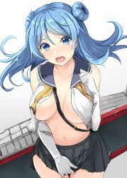 Rule 34 | 1girl, bare shoulders, between breasts, blue eyes, blue hair, blush, breasts, collarbone, covering privates, covering crotch, cowboy shot, double bun, elbow gloves, embarrassed, gin&#039;ichi (akacia), gloves, grey background, hair bun, kantai collection, large breasts, long hair, looking at viewer, navel, neckerchief, open clothes, pleated skirt, sailor collar, simple background, skirt, solo, strap, torn clothes, torn neckerchief, undone neckerchief, upper body, urakaze (kancolle), white gloves