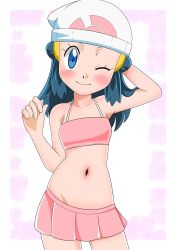 Rule 34 | 1girl, beanie, blue eyes, blush, breasts, closed mouth, creatures (company), dawn (pokemon), game freak, hainchu, hair ornament, hairclip, hat, highres, long hair, looking at viewer, navel, nintendo, one eye closed, pleated skirt, pokemon, pokemon (anime), pokemon dppt (anime), skirt, sleeveless, smile, solo, white hat