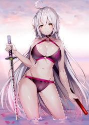 Rule 34 | 1girl, absurdres, ahoge, aozora nan, bare arms, bare shoulders, bikini, blush, breasts, brown eyes, cleavage, closed mouth, cloud, cloudy sky, commentary request, fate/grand order, fate (series), groin, hair between eyes, highres, holding, holding sword, holding weapon, horizon, jeanne d&#039;arc alter (swimsuit berserker) (fate), jeanne d&#039;arc (fate), jeanne d&#039;arc alter (fate), jeanne d&#039;arc alter (swimsuit berserker) (fate), katana, large breasts, long hair, looking at viewer, navel, o-ring, o-ring bikini, o-ring bottom, o-ring top, outdoors, petals, petals on liquid, purple bikini, silver hair, sky, smile, solo, standing, swimsuit, sword, very long hair, wading, water, weapon