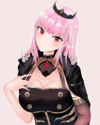 1girl absurdres black_cloak black_dress breasts cleavage cloak detached_sleeves dress eyeliner highres hololive hololive_english langspower large_breasts long_hair makeup mori_calliope pink_eyes pink_hair spikes tiara virtual_youtuber