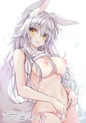 1girl absurdres animal_ears bare_arms bare_shoulders blush breasts brown_eyes cameltoe fox_ears fox_girl fox_tail gradient_background highres long_hair looking_at_viewer medium_breasts navel nipples original panties scan shiny_skin shiori_(tateha) silver_hair simple_background smile solo stomach tail tateha_(marvelous_grace) tongue tongue_out underwear white_background