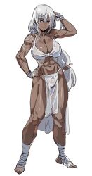 Rule 34 | 1girl, abs, bandaged arm, bandaged foot, bandages, blue eyes, bow (bhp), bra, closed mouth, contrapposto, dark-skinned female, dark skin, full body, grey hair, hand up, long hair, looking at viewer, low-tied long hair, muscular, muscular female, navel, original, pelvic curtain, shoulder tattoo, simple background, smile, solo, stirrup legwear, tattoo, toeless legwear, underwear, very long hair, white background, white bra