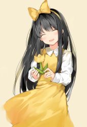 Rule 34 | 1girl, ^ ^, beige background, black hair, bow, closed eyes, collared shirt, commentary request, copyright request, devotion, dress, du meishin, facing viewer, flower, hair bow, hairband, highres, holding, holding flower, long hair, long sleeves, origami, shirt, silver (chenwen), simple background, sleeveless, sleeveless dress, smile, solo, standing, teeth, upper teeth only, very long hair, white shirt, yellow bow, yellow dress, yellow hairband