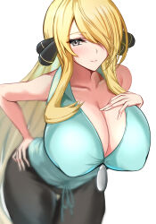 Rule 34 | 1girl, blonde hair, blue skirt, blush, breasts, cleavage, closed mouth, creatures (company), cynthia (pokemon), game freak, hair ornament, hair over one eye, highres, huge nipples, kaoru1307, large breasts, long hair, looking at viewer, mature female, nintendo, pokemon, pokemon (anime), pokemon bw (anime), skirt, smile, solo