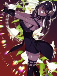 Rule 34 | 1girl, arms up, bare shoulders, belt, black gloves, black hair, black thighhighs, breasts, cleavage, eyebrows hidden by hair, fingerless gloves, flower, gloves, hair between eyes, hair ornament, hairband, highres, large breasts, leg belt, long hair, looking at viewer, off shoulder, open mouth, red eyes, skirt, solo, spy x family, standing, tajima yoshikazu, thighhighs, yor briar