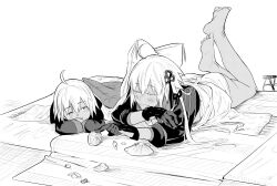 Rule 34 | 2girls, ahoge, bikini, blush, closed eyes, closed mouth, conch, dark-skinned female, dark skin, fate/grand order, fate (series), feet up, gloves, greyscale, long hair, long sleeves, looking at another, lying, mat, monochrome, multiple girls, noz 2to, okita souji (fate), okita souji alter (swimsuit saber) (fate), okita souji alter (swimsuit saber) (first ascension) (fate), on stomach, parted lips, rengoku (fate), seashell, shell, short hair, simple background, smile, swimsuit