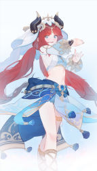 Rule 34 | 1girl, absurdres, blue eyes, blunt bangs, fishofthelakes, forehead jewel, genshin impact, harem outfit, highres, horns, long sleeves, looking at viewer, midriff, navel, nilou (genshin impact), puffy long sleeves, puffy sleeves, red hair, simple background, skirt, smile, solo, twintails, vambraces, veil, white background