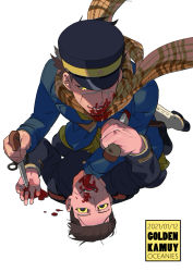 Rule 34 | 2boys, artist name, bayonet, black eyes, black headband, black jacket, black pants, blood, blood on face, blood splatter, blood on clothes, brown hair, buttons, chinese commentary, collared jacket, commentary request, copyright name, dated, english text, eye contact, facial hair, facial scar, from above, full body, gaiters, golden kamuy, hair slicked back, hair strand, hat, headband, highres, holding, holding knife, imperial japanese army, injury, jacket, kepi, knife, long sleeves, looking at another, lying, male focus, military, military hat, military uniform, multiple boys, oceaniespainting, ogata hyakunosuke, on back, open mouth, pants, scar, scar on cheek, scar on face, scar on mouth, scar on nose, scarf, short hair, simple background, sitting, sitting on person, spiked hair, star (symbol), struggling, stubble, sugimoto saichi, teeth, two-tone headwear, undercut, uniform, weapon, white background, yellow eyes, yellow headwear